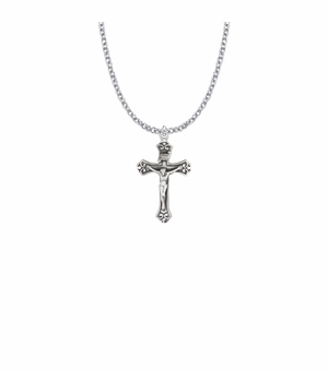 1-1/8 Inch Sterling Silver Budded Ends with Diamond Drag Engraved Accents Crucifix Necklace