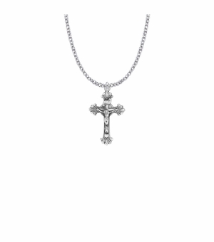 1-1/8 Inch Sterling Silver Budded Ends with Engraved Accents Crucifix Necklace