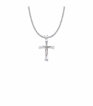 1-1/8 Inch Sterling Silver Crystal Baguette with Polished Ends Crucifix Necklace