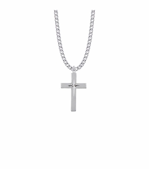 1-1/8 Inch Sterling Silver Engraved Starburst Cross Necklace