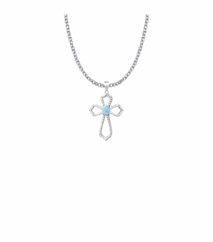 1-1/8 Inch Sterling Silver Pierced Cross Necklace with Cubic Zirconia and Imitation Opal Stones