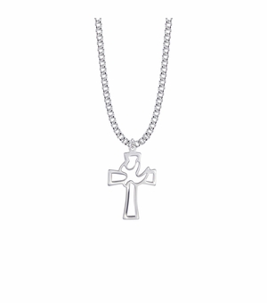 1-1/8 Inch Sterling Silver Pierced Outline Dove and Cross Necklace