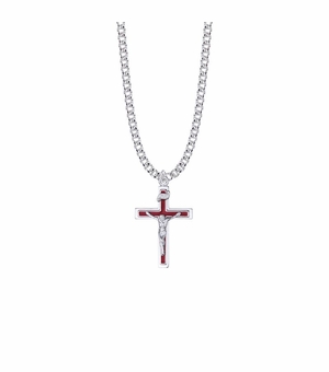1-1/8 Inch Sterling Silver Red Enameled Lined Crucifix Necklace