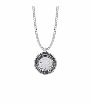 1-1/8 Inch Sterling Silver Round Engraved St. Christopher Medal, Patron Saint of Travelers