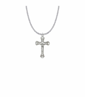 1-1/8 Inch Sterling Silver White Pearl Crucifix Necklace