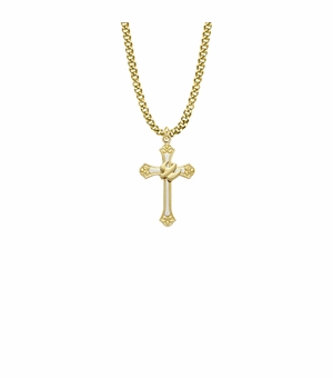 1-1/8 Inch Two-Tone 14KT Gold Plated Over Sterling Silver Dove and Budded Ends Cross Necklace