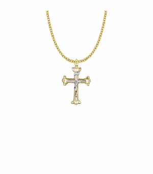 1-1/8 Inch Two-Tone 14KT Gold Plated Over Sterling Silver Open Ends Crucifix Necklace