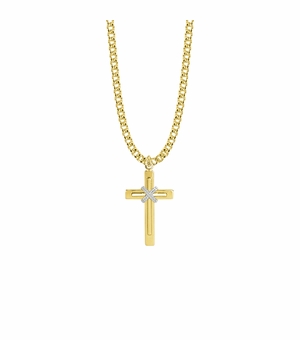 1-1/8 Inch Two-Tone 14KT Gold Plated Over Sterling Silver Rope Center Double Cross Necklace