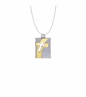 1-1/8 Inch Two-Tone Pewter Cross Dog Tag Necklace