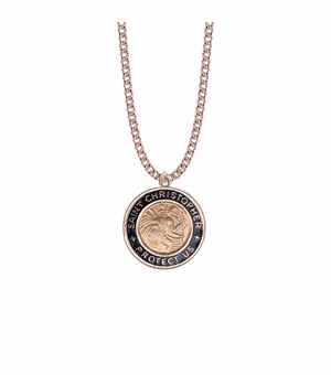 1-1/8 Inch Two-Tone Rose Gold Over Sterling Silver Black Enameled St. Christopher Medal, Patron Saint of Travelers