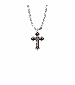 1-1/8 Inch Two-Tone Sterling Silver Budded Ends Black Enameled Crucifix Necklace