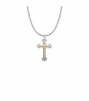 1-1/8 Inch Two-Tone Sterling Silver Budded Ends Cross Necklace