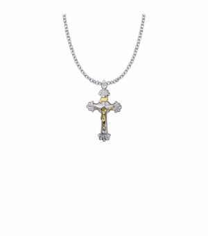 1-1/8 Inch Two-Tone Sterling Silver Budded Ends Crucifix Necklace