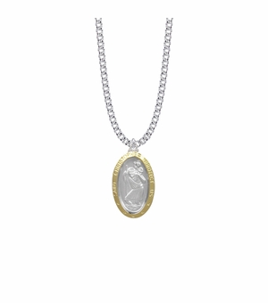 1-1/8 Inch Two Tone Sterling Silver Oval St. Christopher Medal, Patron Saint of Travelers