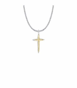 1-1/8 Inch Two-Tone Sterling Silver Pointed Ends Cross Necklace