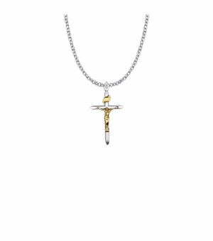 1-1/8 Inch Two-Tone Sterling Silver Pointed Tube Crucifix Necklace