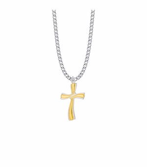 1-1/8 Inch Two-Tone Sterling Silver Ribbon Cross Necklace