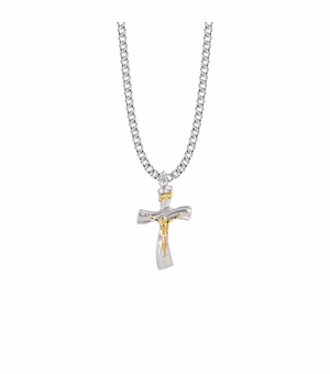 1-1/8 Inch Two-Tone Sterling Silver Ribbon Crucifix Necklace