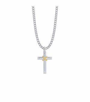 1-1/8 Inch Two-Tone Sterling Silver Rope Center Double Cross Necklace