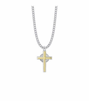 1-1/8 Inch Two-Tone Sterling Silver Starburst Cross Necklace