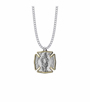 1-1/8 Two-Tone Sterling Silver St. Florian Shield Medal, Patron Saint of Firefighters
