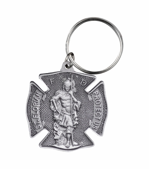 1-1/8 x 1-1/2 Inch Fine Pewter St. Florian, Patron Saint of Fire Fighters Maltese Cross Key Chain