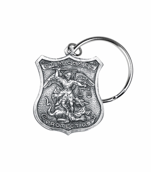 1-1/8 x 1 Inch Fine Pewter St. Michael, Patron Saint of Police Shield Key Chain