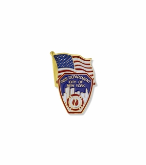 1-1/8 x 3/4 Inch Gold Enameled City of New York Fire Department Shield and American Flag Lapel Pin