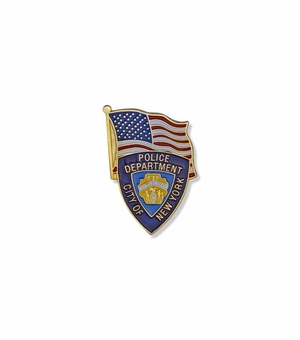 1-1/8 x 3/4 Inch Gold Enameled City of New York Police Department Shield and American Flag Lapel Pin