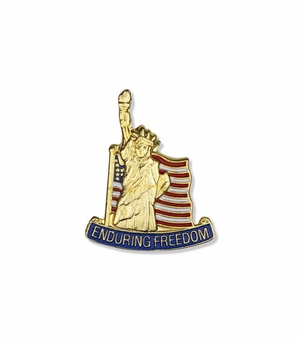 1-1/8 x 7/8 Inch Gold Enameled Statue of Liberty with American Flag "Enduring Freedom" Lapel Pin