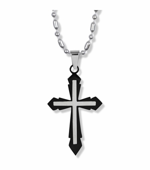 1-13/16 Inch Stainless Steel Pointed Black Cross Necklace