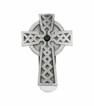 1-15/16 x 1-3/8 Inch Celtic Cross with Green Crystal Center Visor Clip