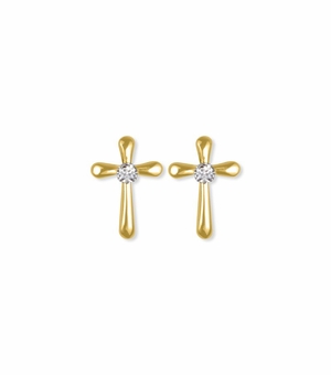 1/2 Inch 14KT Gold Plated  Over Sterling Silver Flared Ends Crystal CZ Stone Cross Earrings