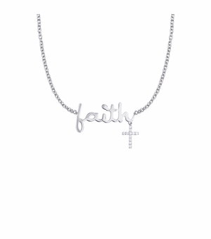 1/2 Inch Sterling Silver "Faith" with Cubic Zirconia Cross Charm Necklace