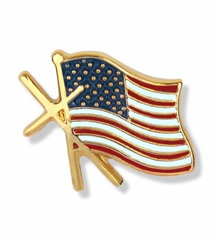 1/2 x 9/16 Inch Gold Enameled American Flag with Cross Lapel Pin