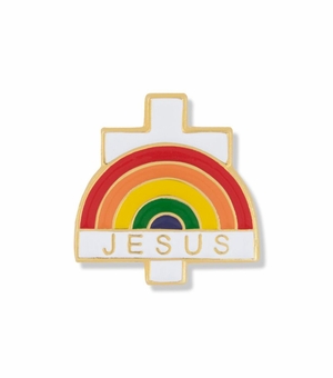 1/2 x 9/16 Inch Gold Enameled Jesus with Rainbow and Cross Lapel Pin