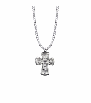 1-3/16 Inch Sterling Silver Engraved Satin Four Way Medal