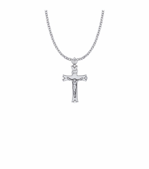1-3/16 Inch Sterling Silver V-Ends with Diamond Drag Engraved Accents Crucifix Necklace
