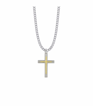 1-3/16 Inch Two-Toned Sterling Silver Lined Inner Cross Necklace
