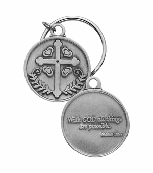 1-3/16 x 1-3/16 Inch Round Fine Pewter Cross Key Chain