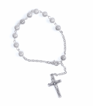 1-3/4 Inch Silver Glitter Frosted Rosary Bead Bracelet with Crucifix Charm