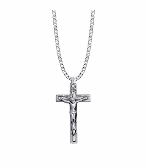 1-3/4 Inch Sterling Silver Antiqued Crucifix Necklace
