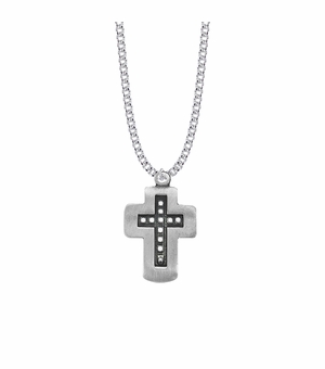 1-3/8 Inch Pewter and Black Beaded Cross Necklace