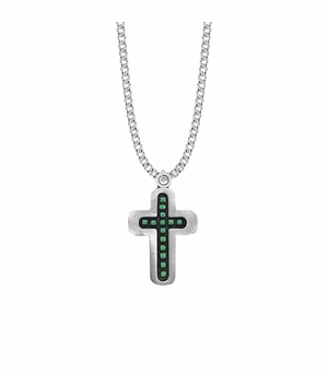 1-3/8 Inch Pewter and Green Beaded Cross Necklace
