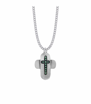 1-3/8 Inch Pewter and Green Beaded Cross Necklace