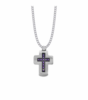 1-3/8 Inch Pewter and Purple Beaded Cross Necklace