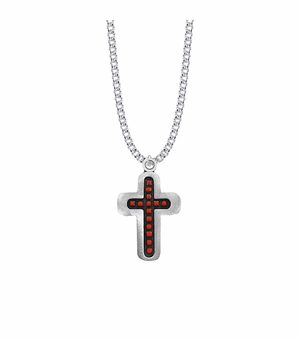 1-3/8 Inch Pewter and Red Beaded Cross Necklace