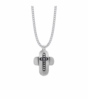 1-3/8 Inch Pewter and White Beaded Cross Necklace