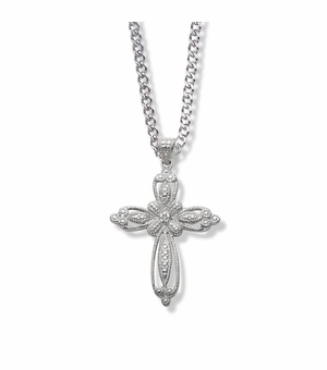 1-3/8 Inch Sterling Silver Decorative Filigree Cross Necklace