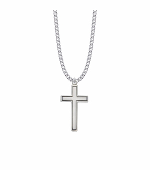 1-3/8 Inch Sterling Silver Diamond Engraved Border Cross Necklace